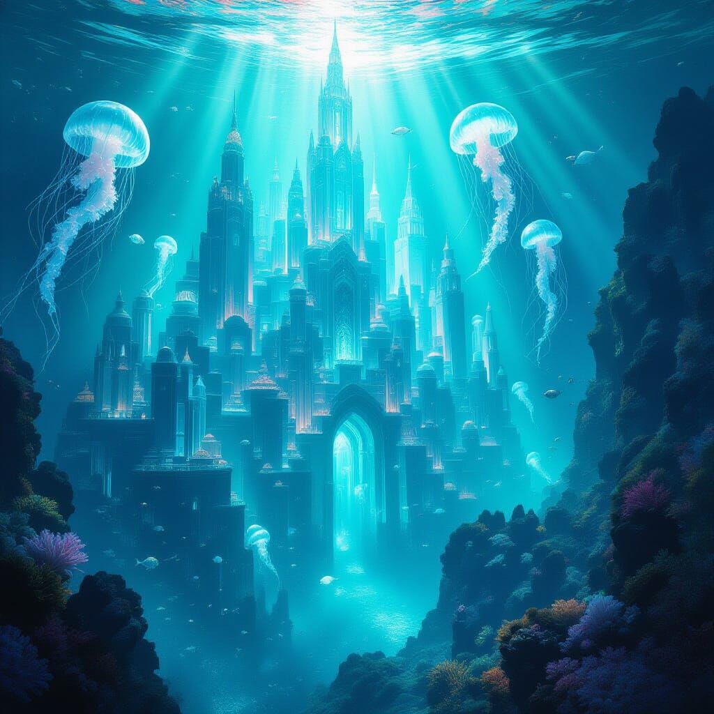 Submerged Crystal City with Bioluminescent Life