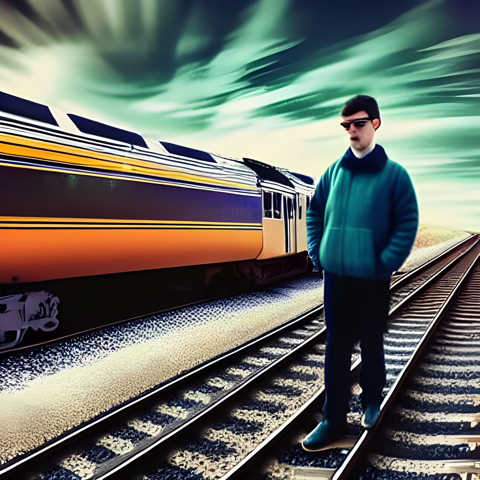 Man at Train Station in Retrofuturistic Surrealism