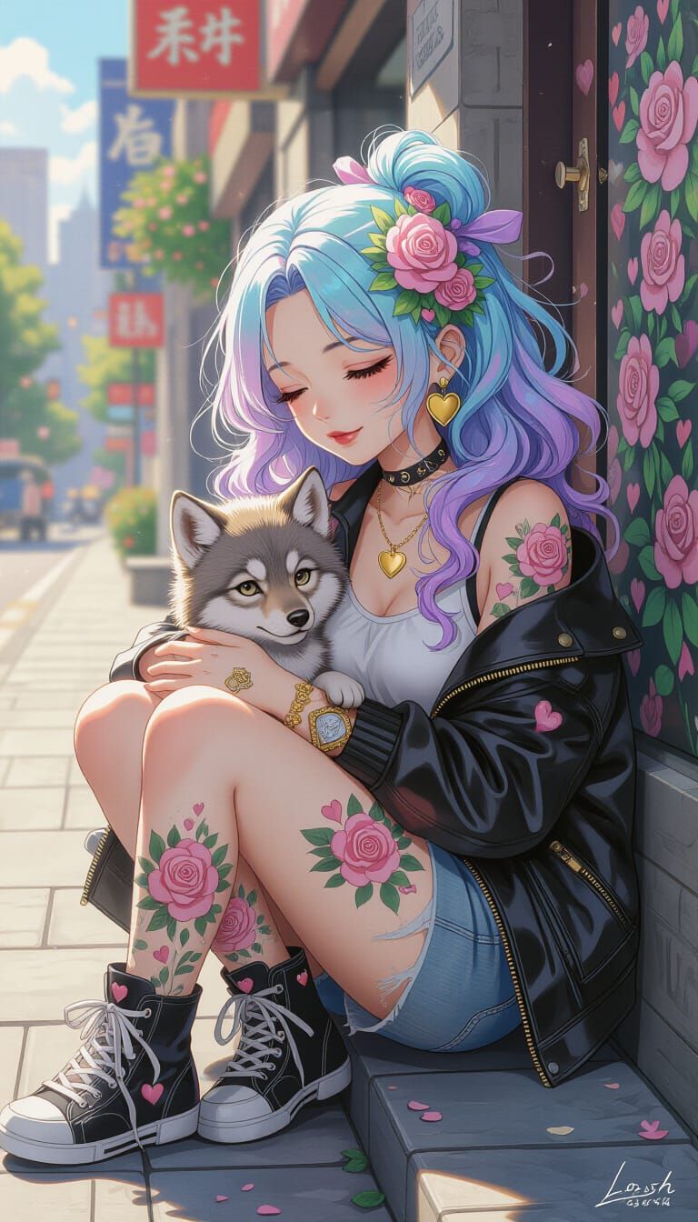 Anime Woman with Wolf Cub on Sidewalk