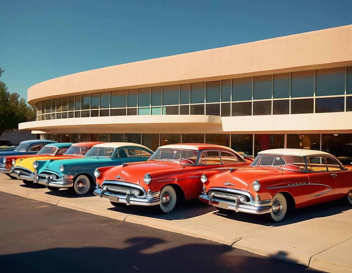 Mid-Century Modern Architecture with Retro-Futuristic Cars