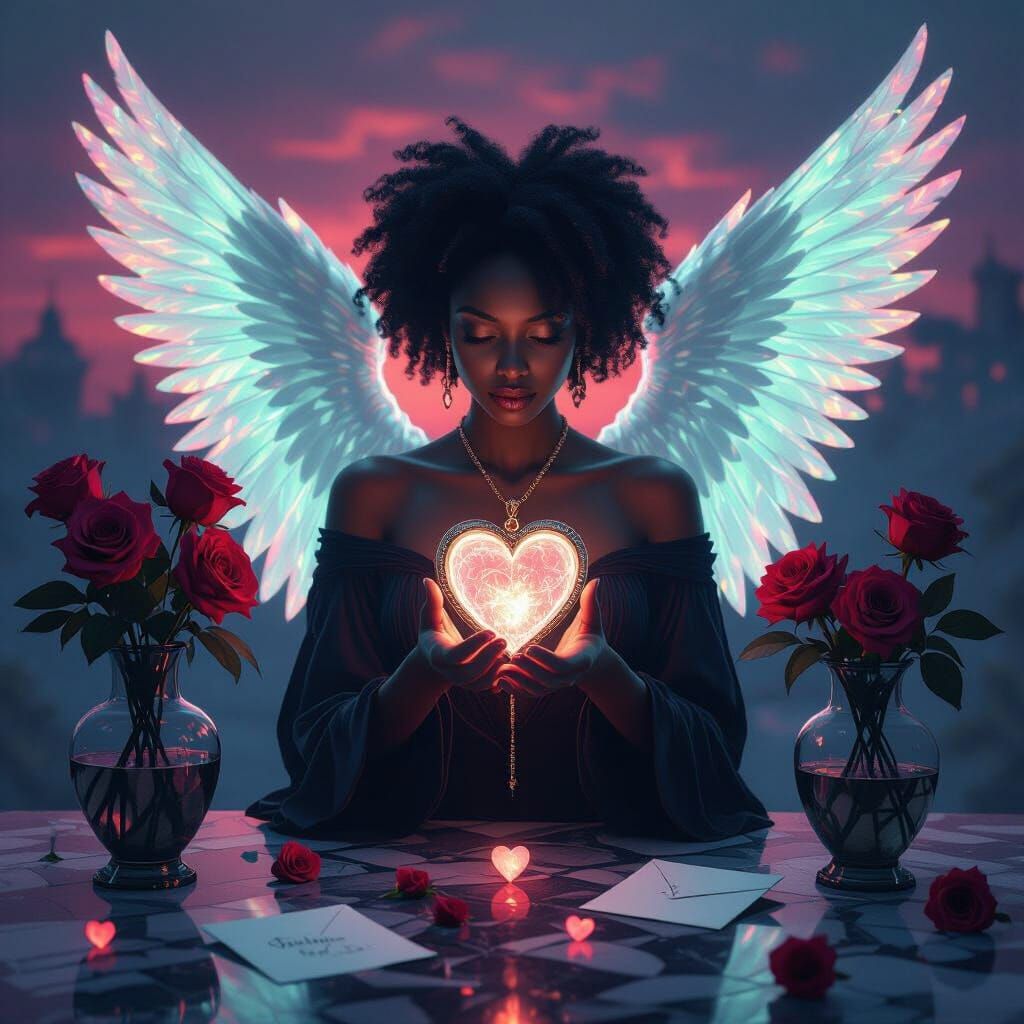 Afrosurrealist Angel Holding Spectral Locket in Dreamscape
