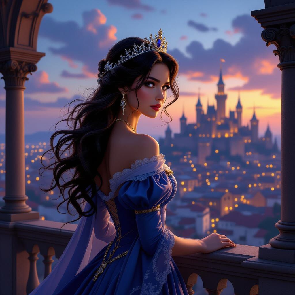 Regal Princess on Balcony Overlooking Medieval City at Dusk