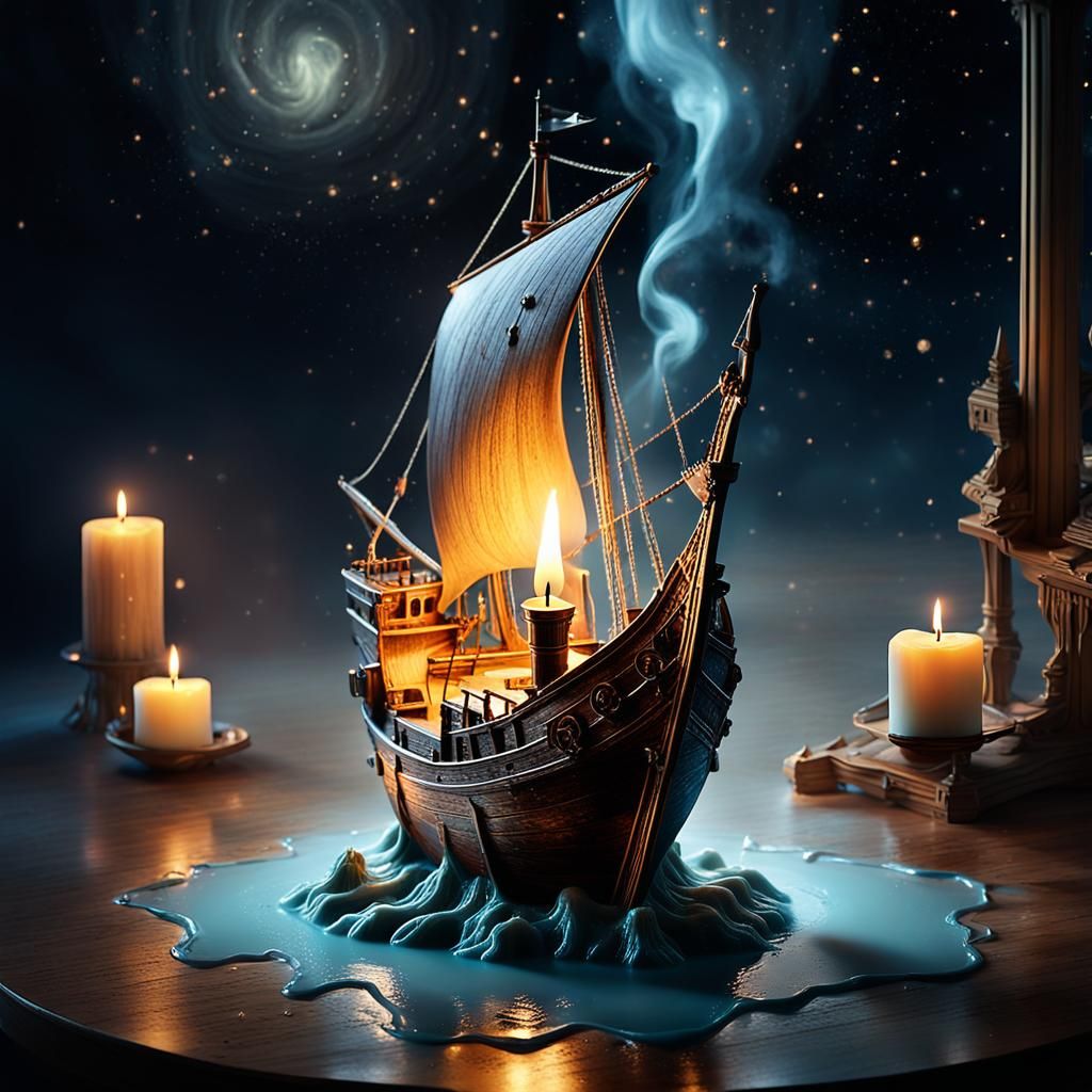 Surreal Candle Caravel Sailing in Wax, Fantasy Art