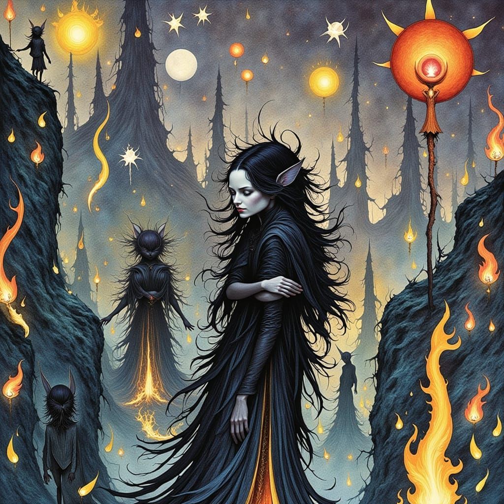 <lora:Flame Dusklings:1.0> Fire fairy folk frolic in a blaze