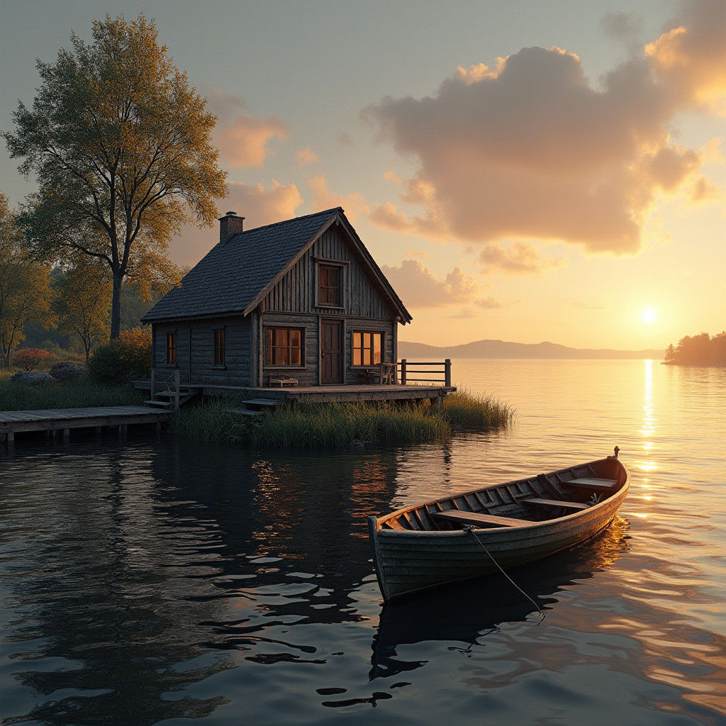 Secluded Island Cabin at Sunset