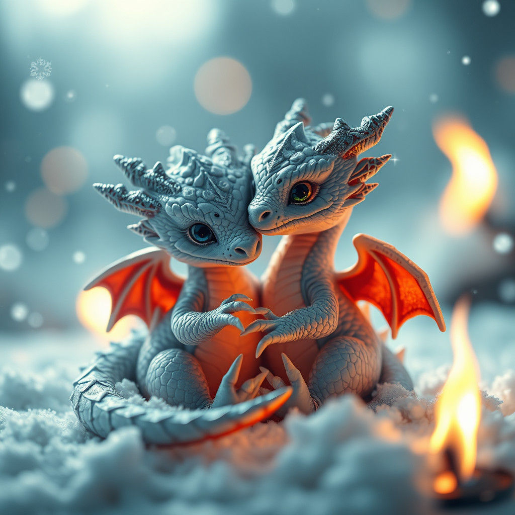Fire and Snow Dragons Cuddle, Hyperrealistic HDR Image