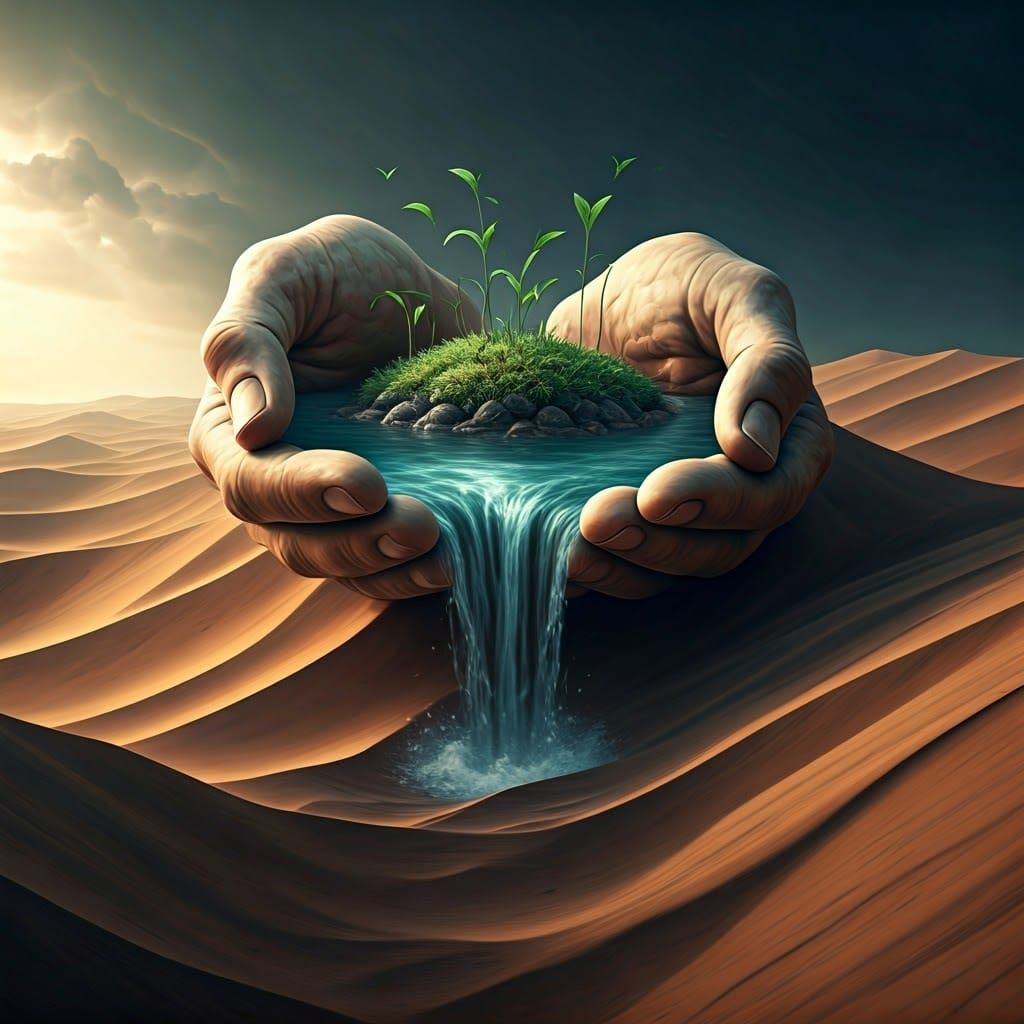 Surreal Hands Cradle Life in Arid Desert