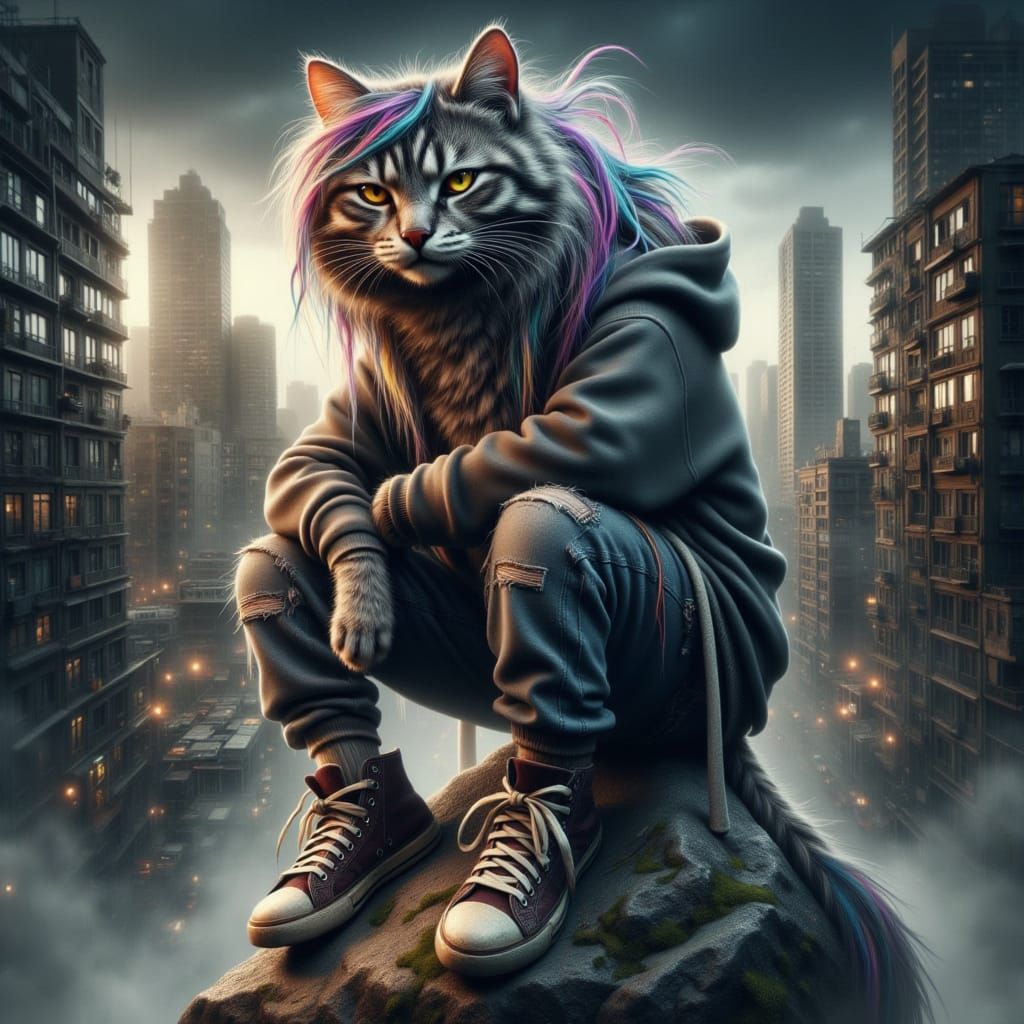 Grunge Cat in Urban Landscape
