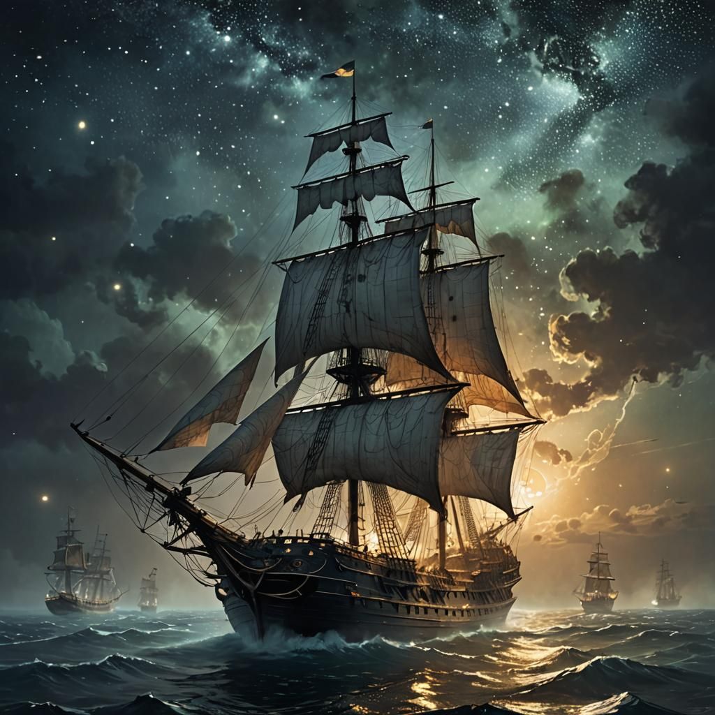 Ethereal Ghost Ship Sails a Mystical Ocean