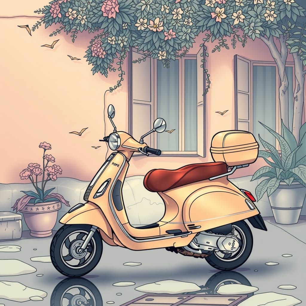 Vespa by Stucco Building in Nebulous Line Art