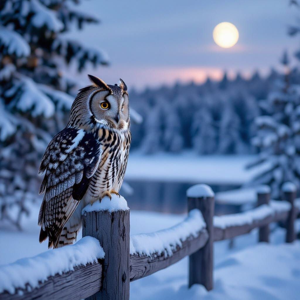 Owl in Winter Landscape, Soft Photography Style