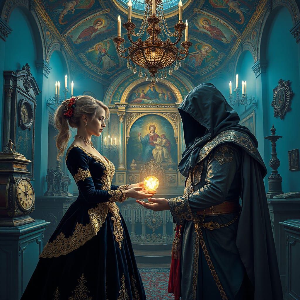 Surreal Orthodox Church Scene in Steampunk Cityscape