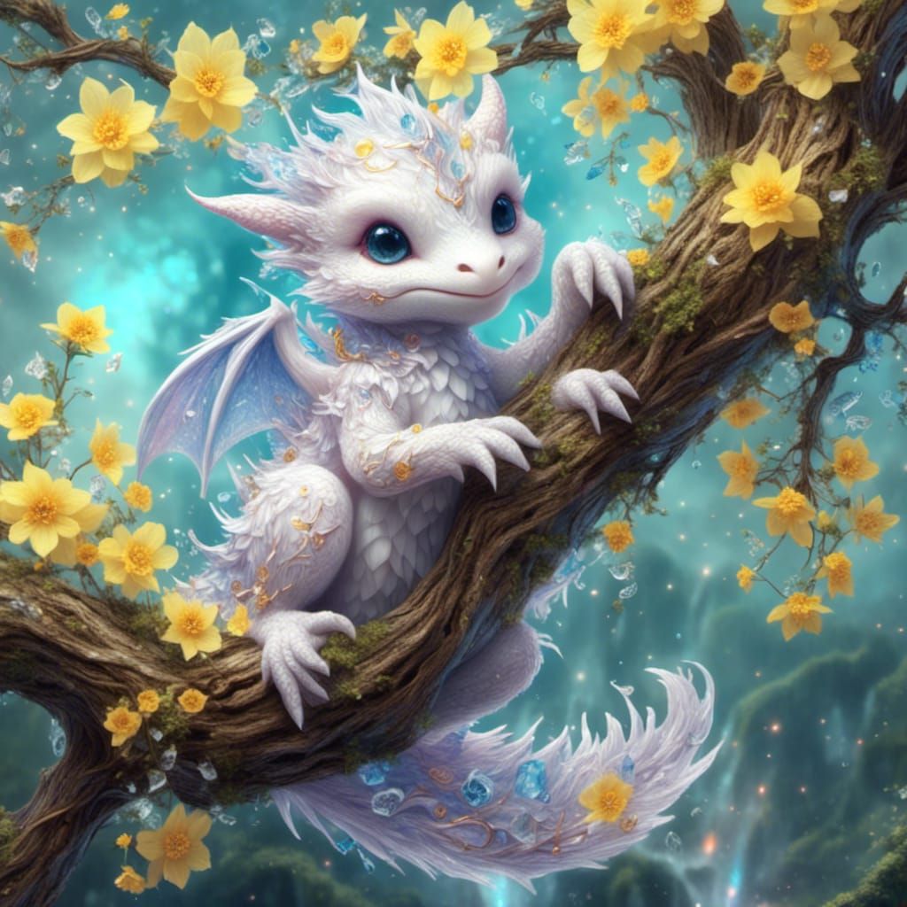 Magenta Dragon on Blossom Branch, Fantasy Art