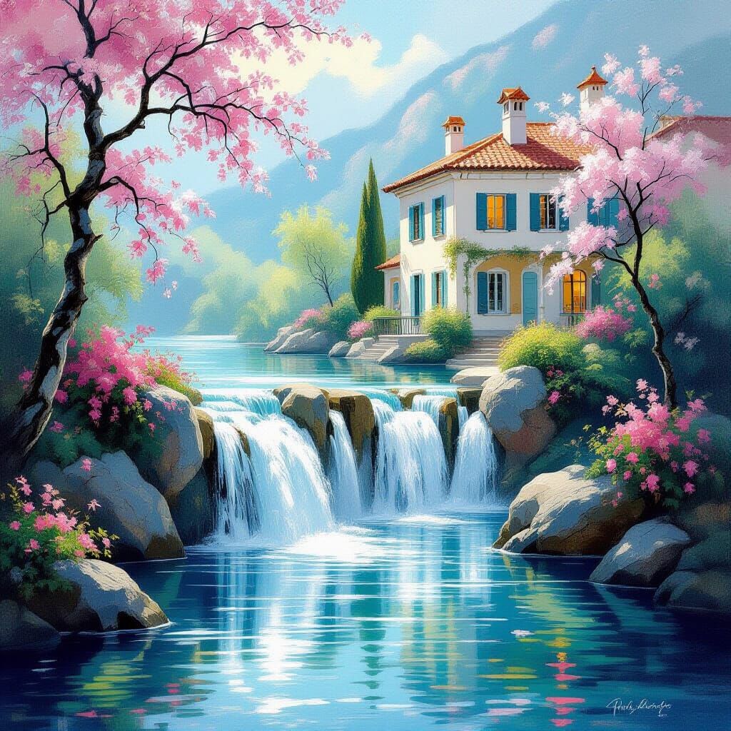 Villa by Waterfall: Impressionist Rococo Elegance