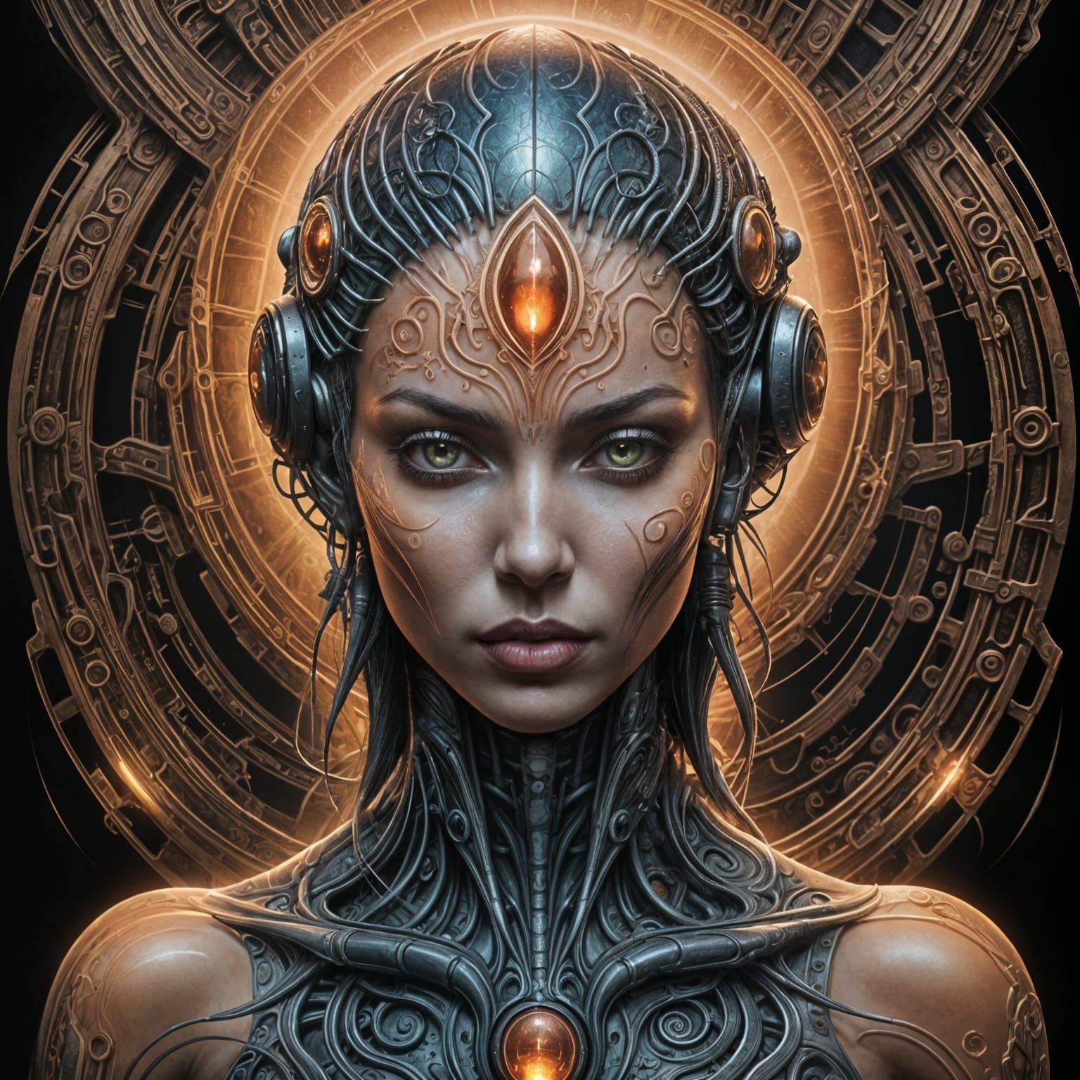 Surreal Peach Goddess in Dark Futuristic Biomechanical Art
