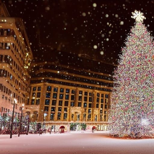Snowy Christmas Tree in City Square