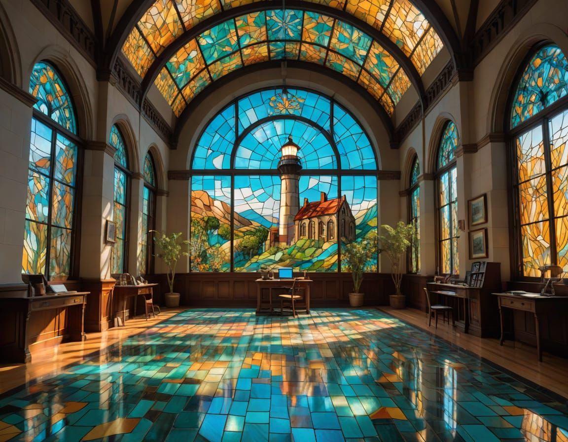 Futuristic School Atrium with Stained-Glass Coastal Mural