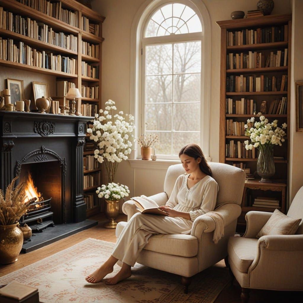 A Cozy Library Scene of Self-Love and Warmth