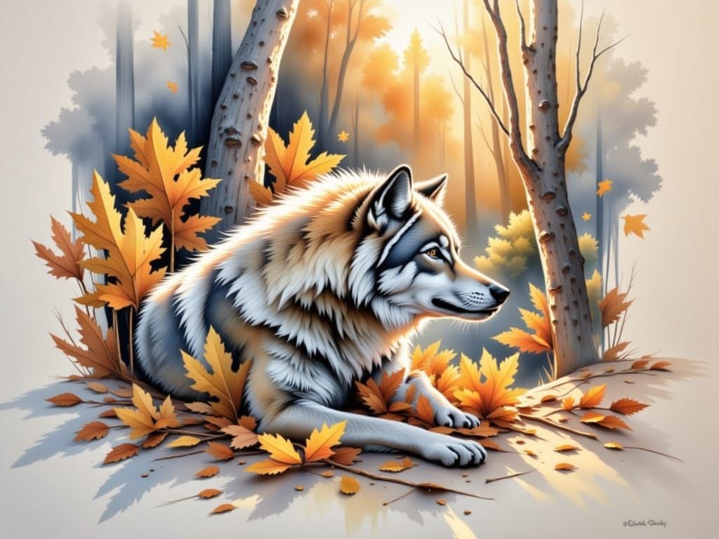 Grey Wolf Rests on Autumn Leaves in Sunlit Forest