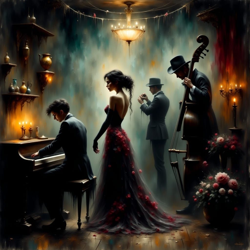 Nocturnal Blues Musicians in Smoky Grunge Style