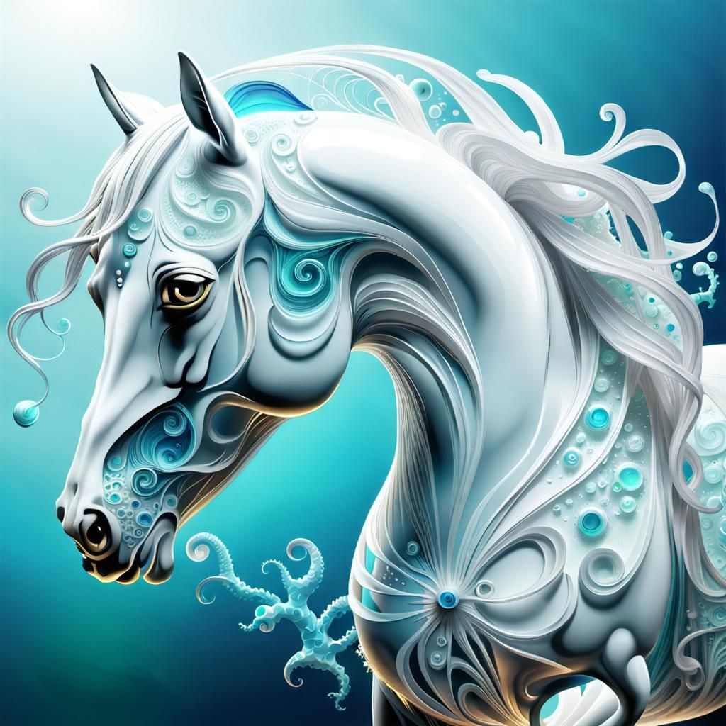 a beautiful horse made of white glass invisibel with a minia...