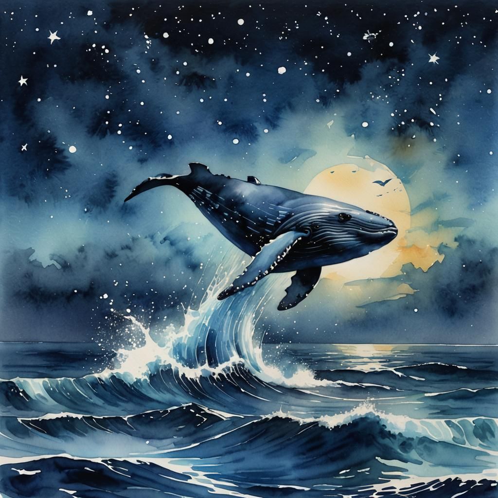 Bioluminescent Whale Breaching at Night: Watercolor Art