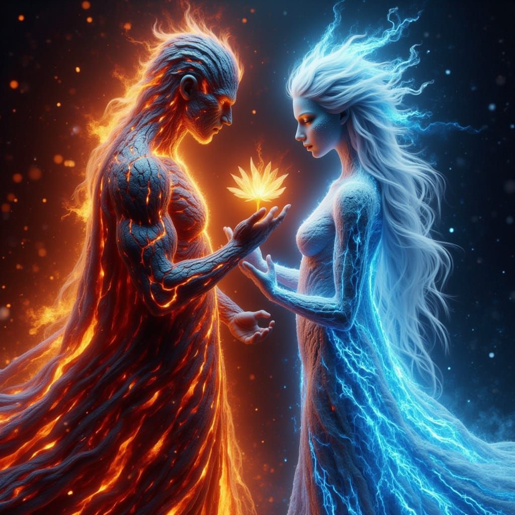 Lava Man Offers Flower to Ice Woman in Fiery Icy Art Style