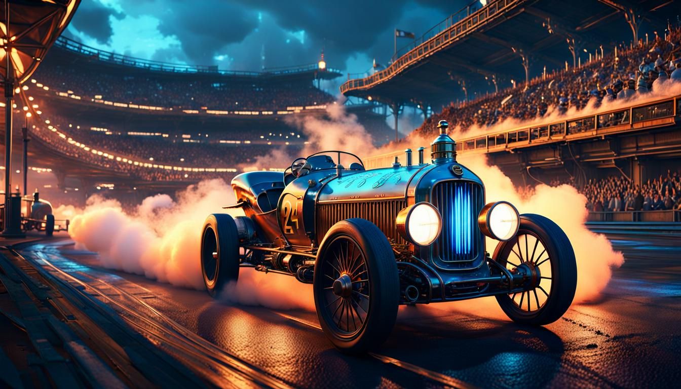 Steampunk Speedway Race at Dusk in Detailed Matte Painting