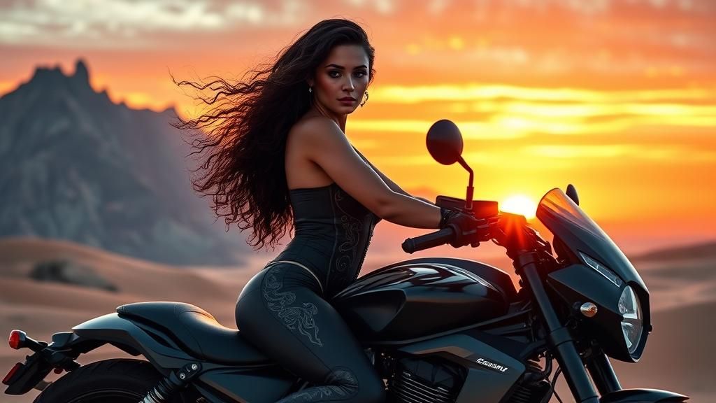 Woman on Motorcycle at Sunset: Cinematic Realism