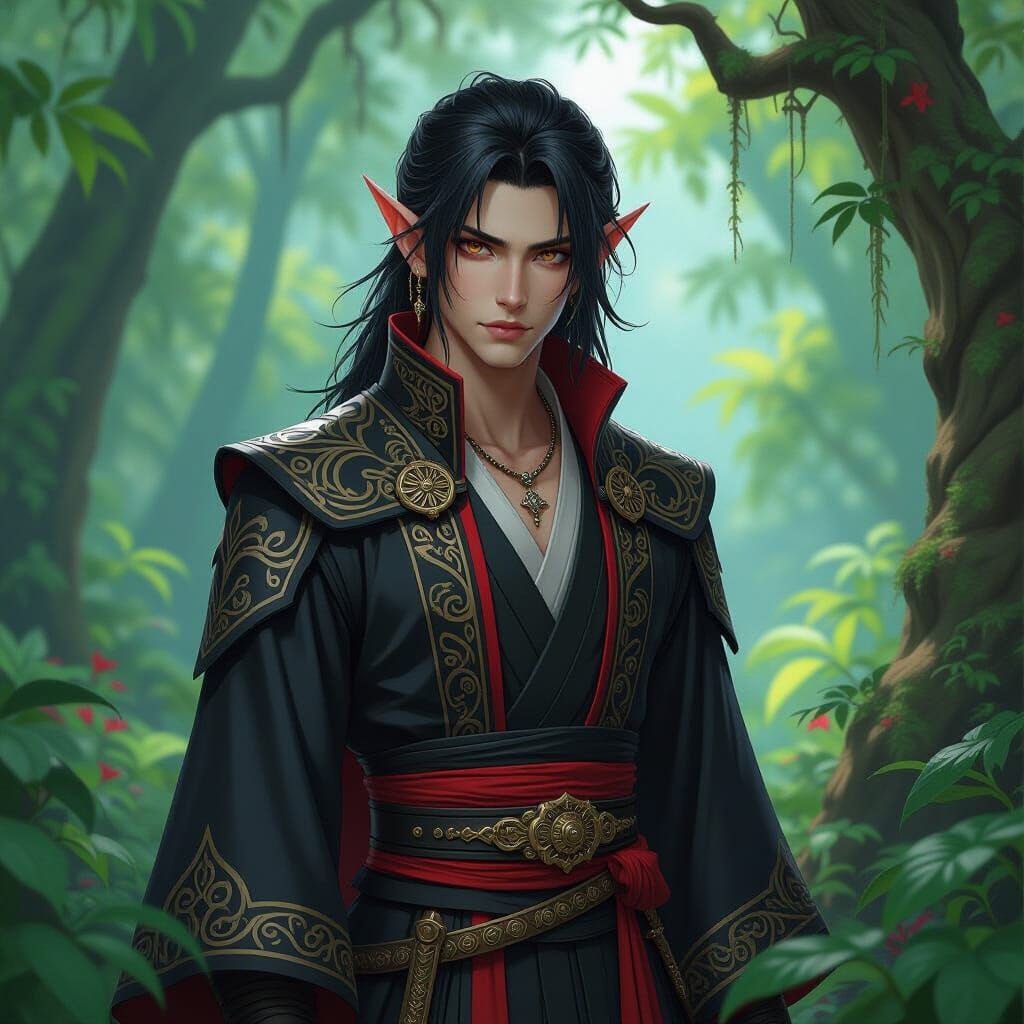 Anime Elf in Lush Forest, Matte Painting Style
