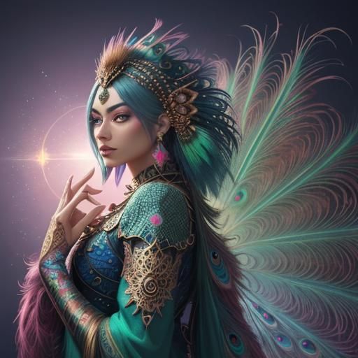 Woman with Peacock Feathers in Digital Matte Painting