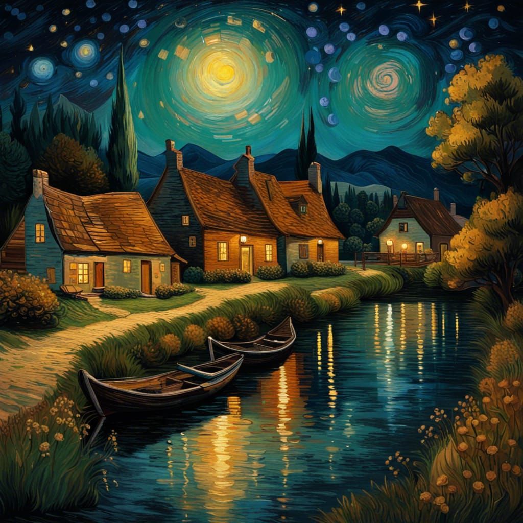 Starry Cottagecore Village as Van Gogh Painting