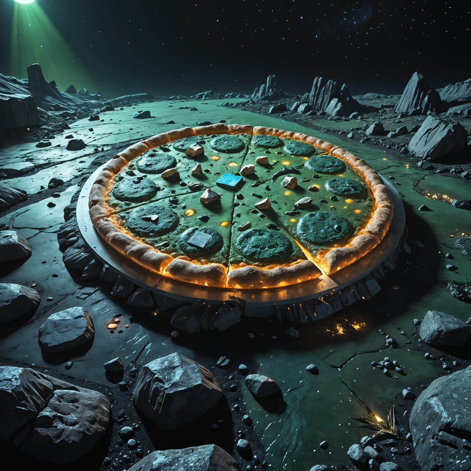 Glowing Green Pizza on Lunar Surface