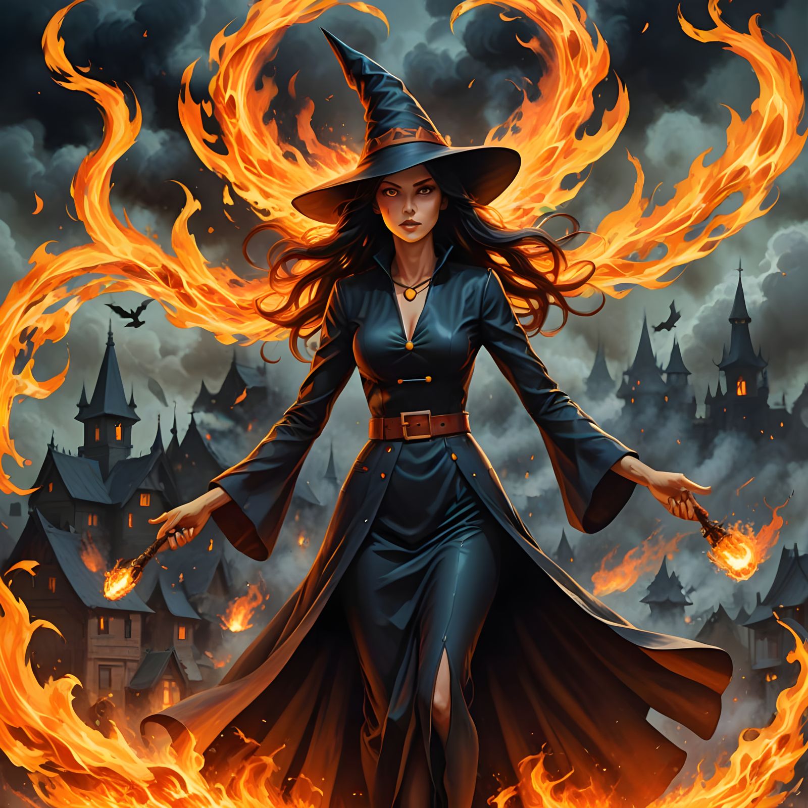 Surrealistic Witch in Fiery Flight