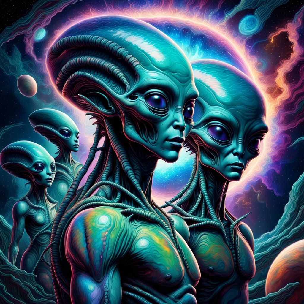 Aliens Witnessing Galactic Explosion in Cosmic Illustration