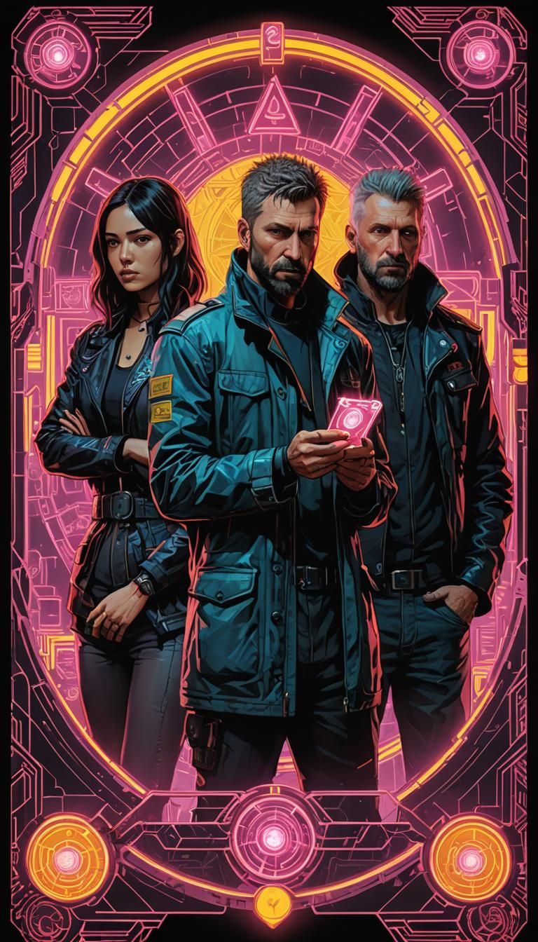 Three of Pentacles Tarot Card in Cyberpunk Style