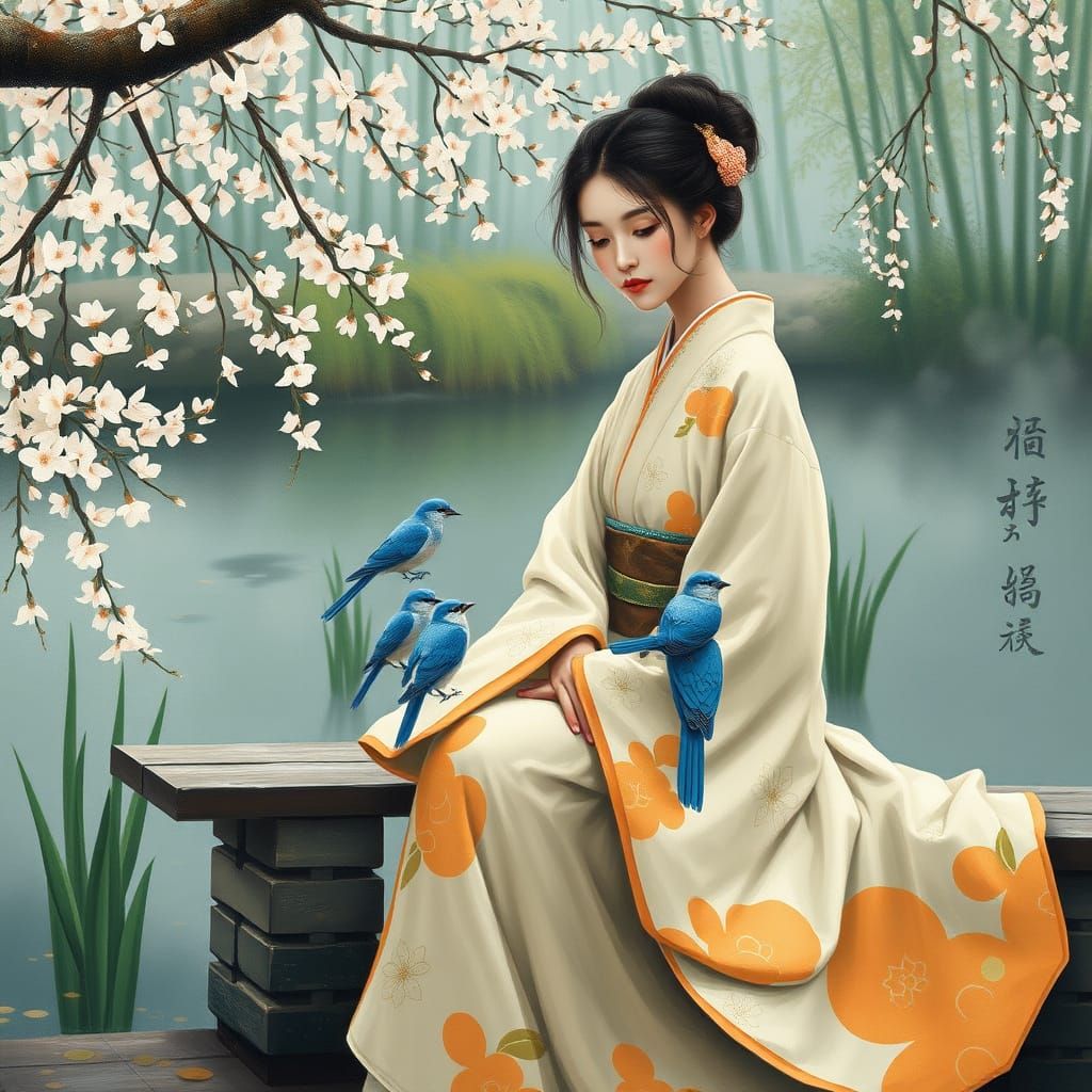 A delicate East Asian woman seated on a wooden bench at the edge of a tranquil pond in early spring. She wears a richly ...