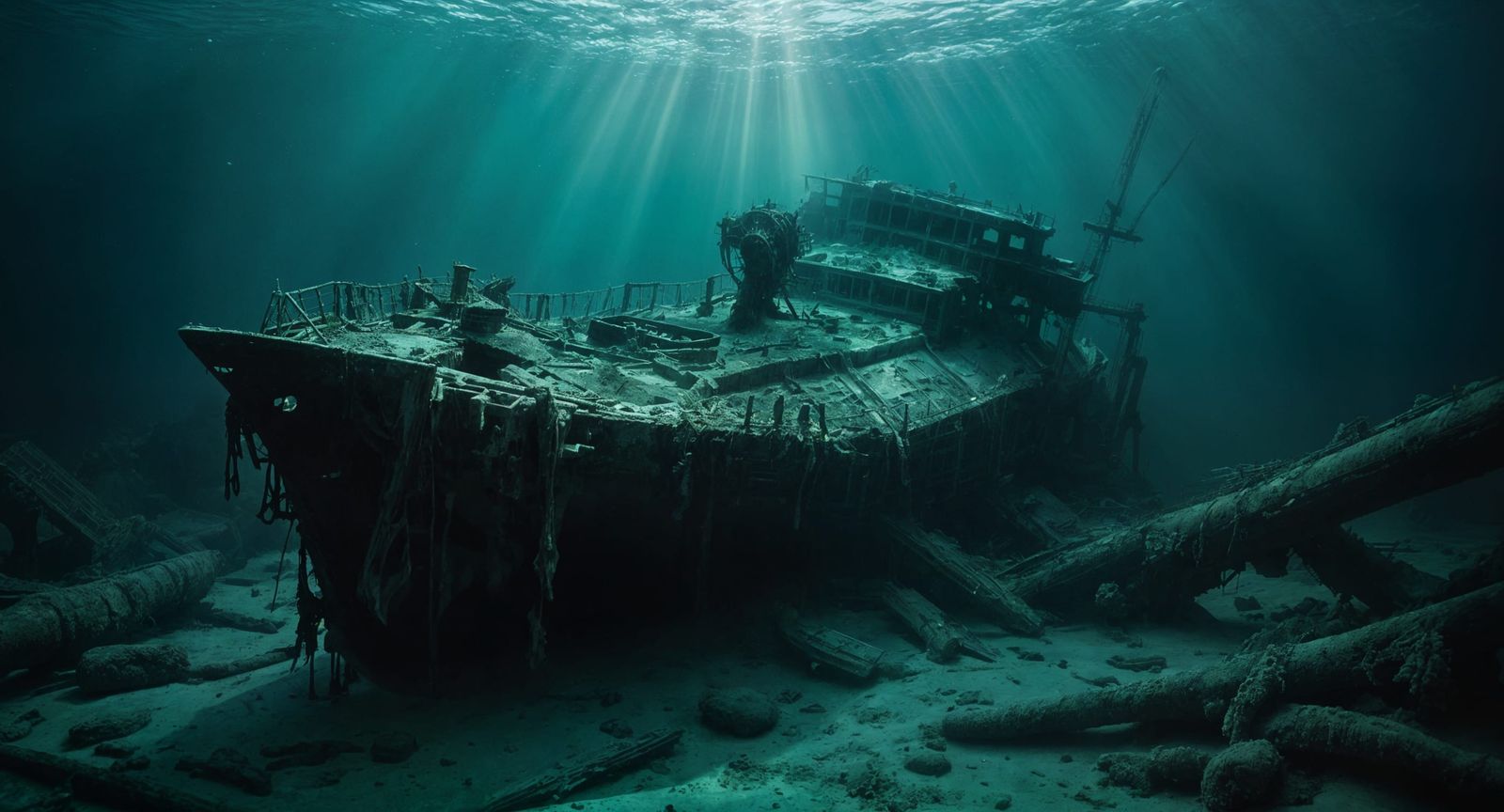 A sunken ship resting on the ocean floor