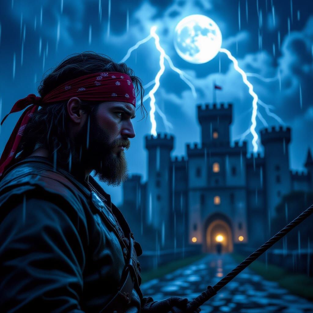 Man with Whip Faces Castle in Thunderstorm