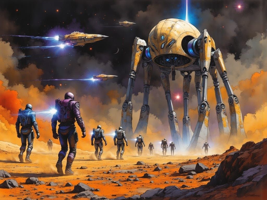 Retro-Futuristic Soldiers in Chrome Power Armor Charge Acros...