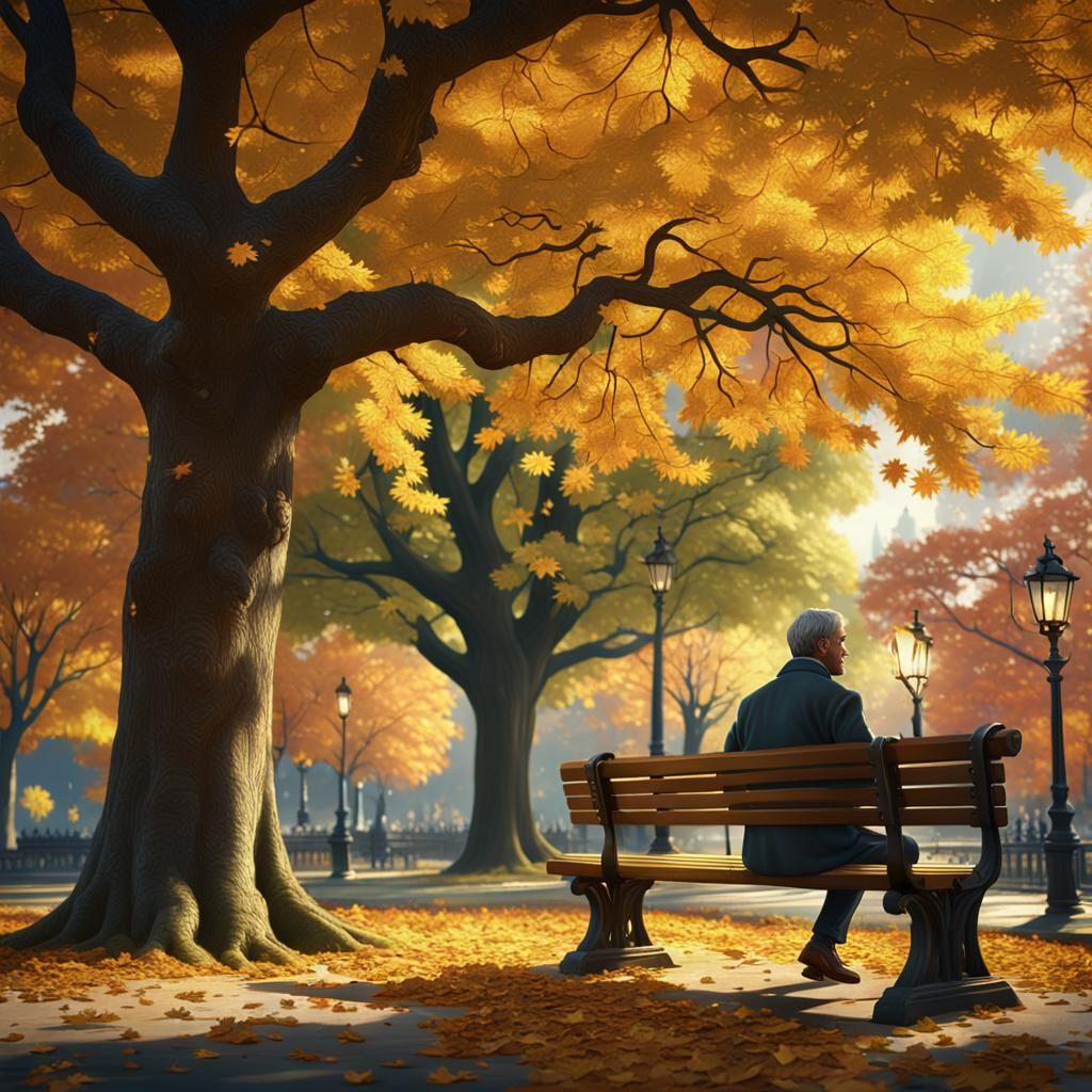 A man sitting on a park bench under a tree, golden autumn leaves falling around him