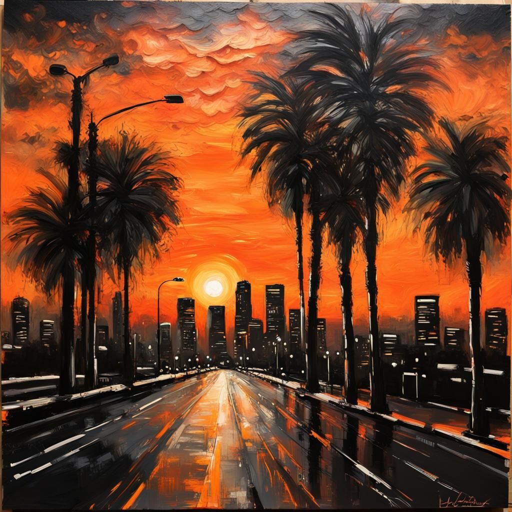 Vibrant LA Sunset Boulevard Landscape Painting