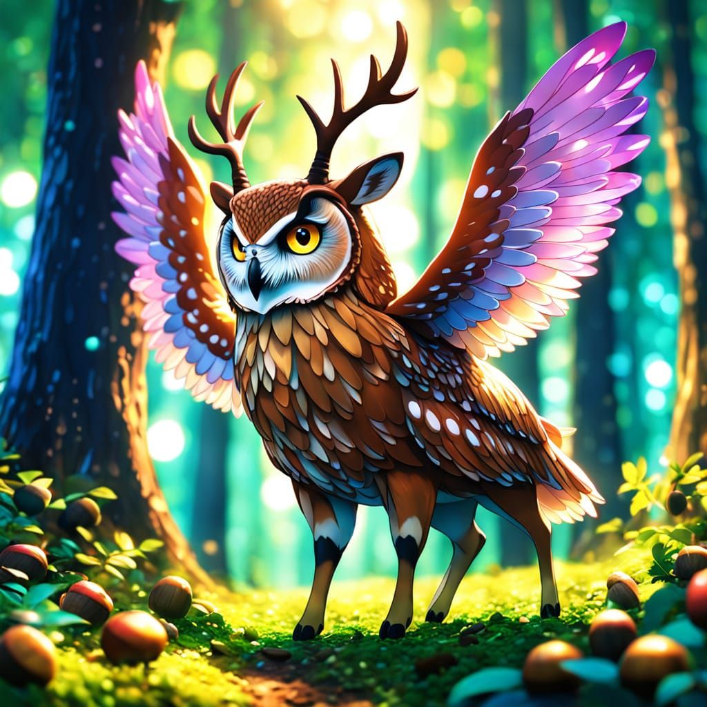 Kawaii Anime Owl-Deer Hybrid in Whimsical Forest