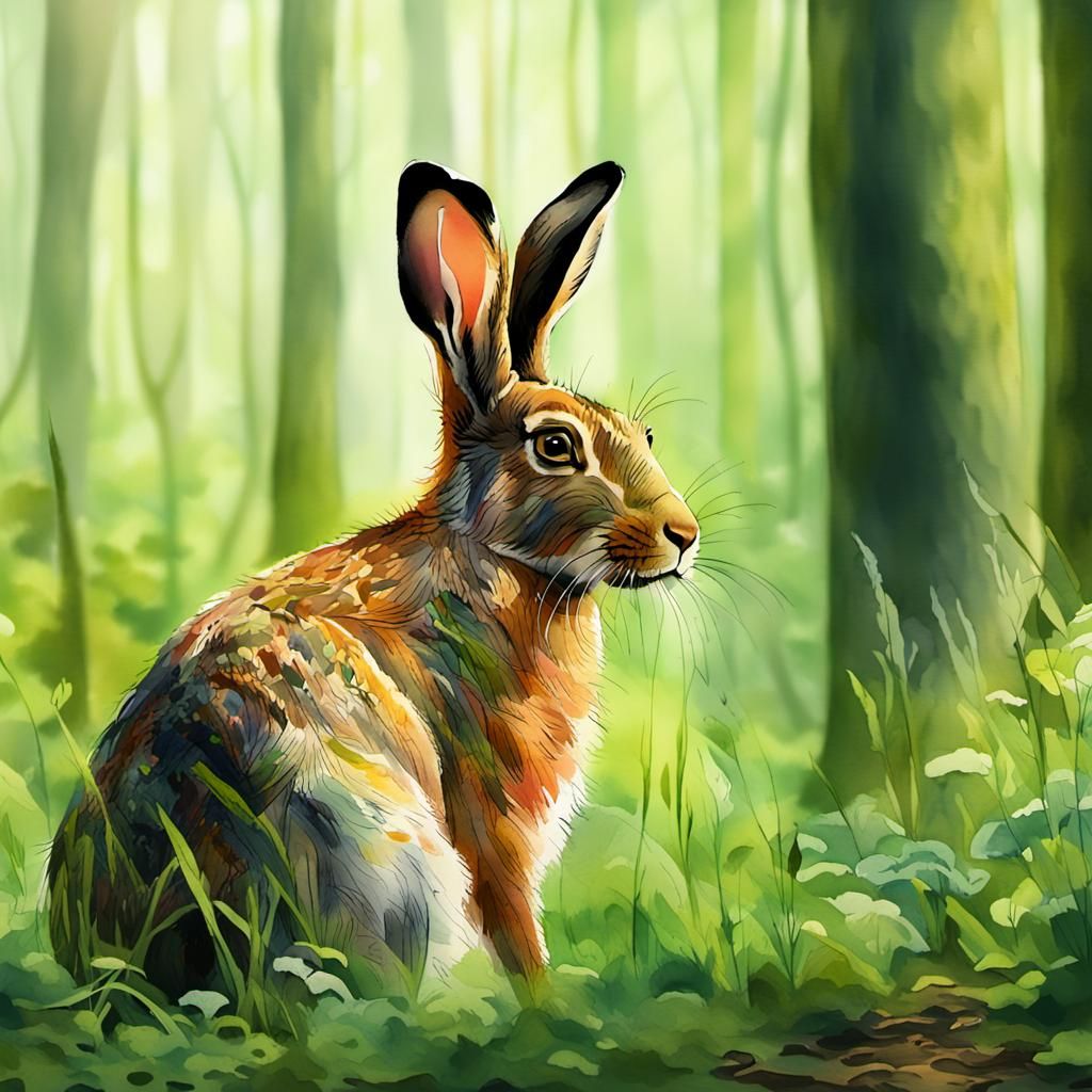 Hare in Forest: Watercolour Wildlife Art