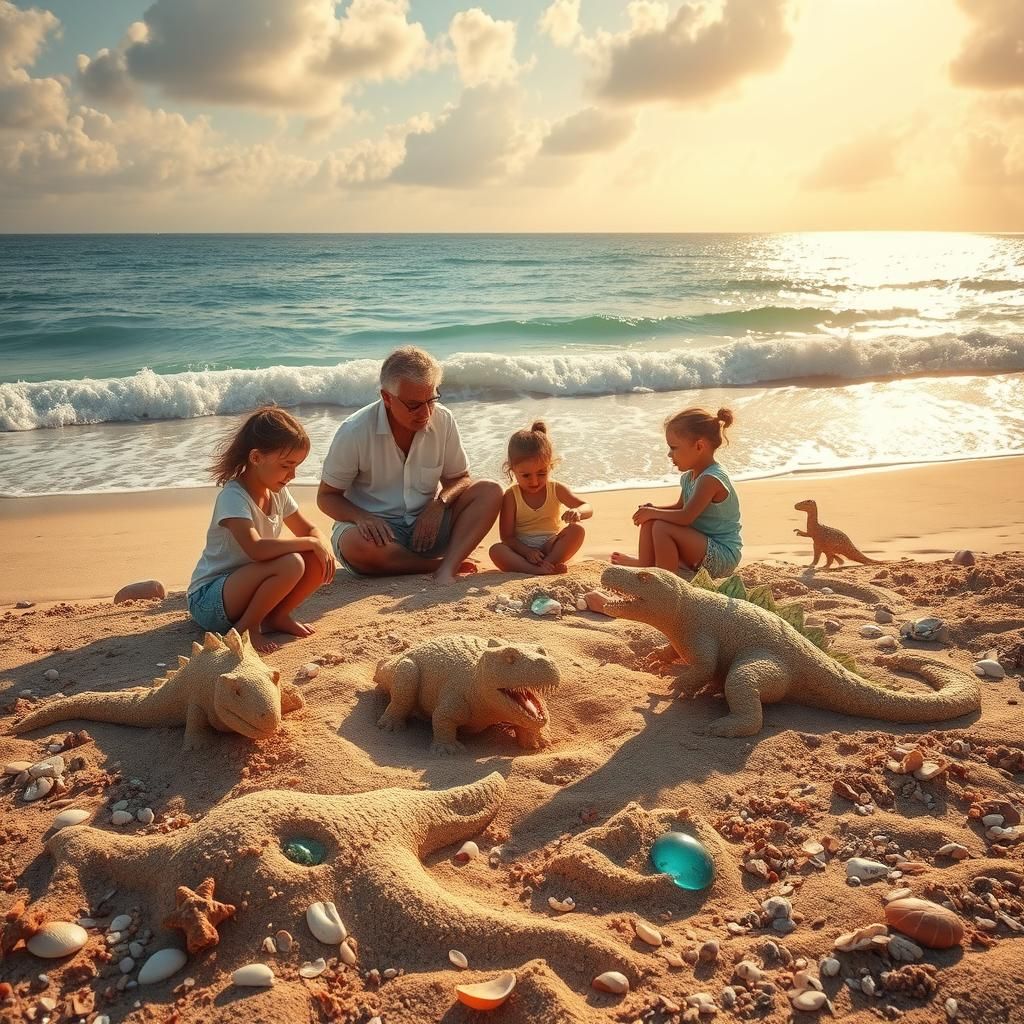 Dinosaur Sandcastles on a Sunny Beach