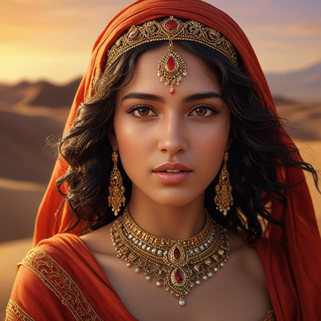 Hyper-Realistic Desert Princess in Golden Veils