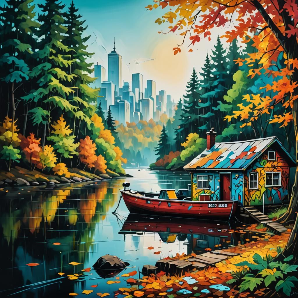 Colorful Lakeside Cabin in Basquiat Graffiti Style