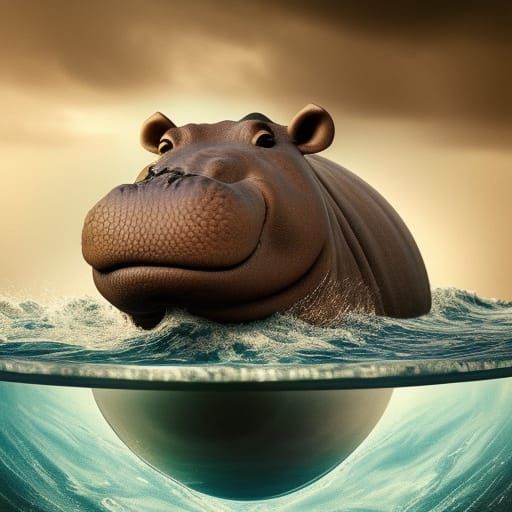 Hippo's Teacup Leap: Hyperrealistic Digital Art