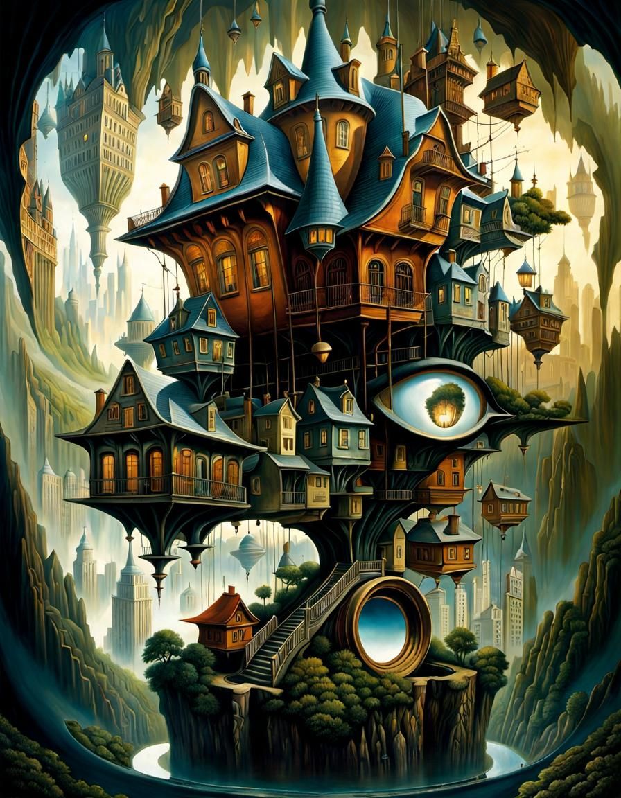 Upside-Down Cityscape Reflection in Surrealist Style