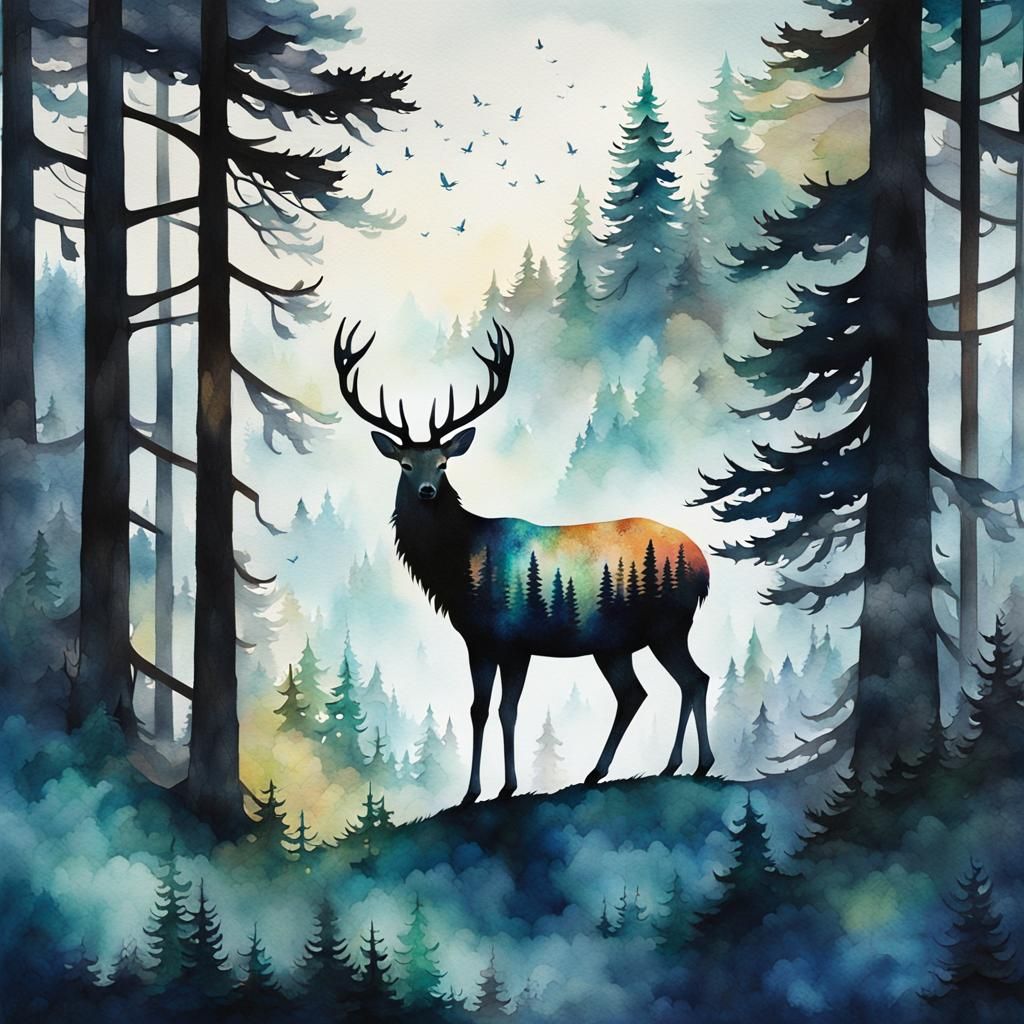 Watercolor Feather: Rainy Forest Landscape with Deer